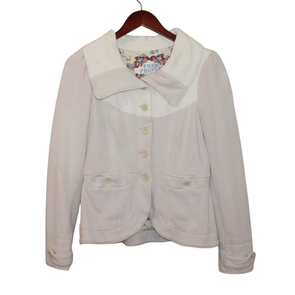 Free People blazer jacket 10 blush quilted yoke floral lining cotton pink cream